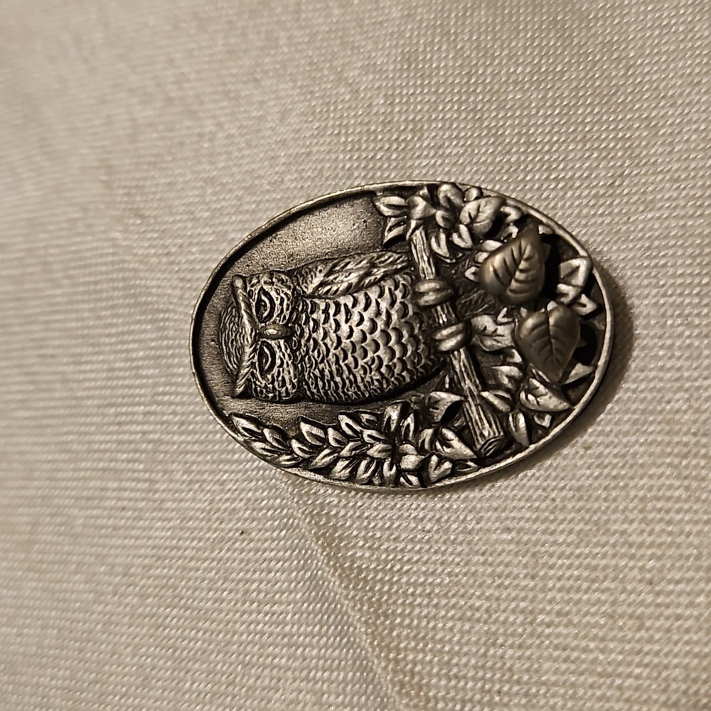 Ms. Dee Pewter Oval Owl Brooch Pin with Earrings #102